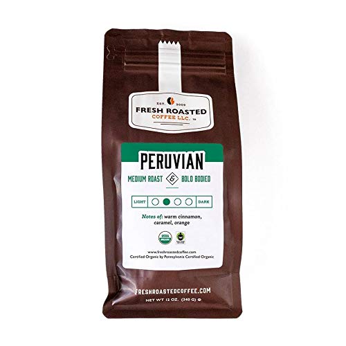 Fresh Roasted Coffee, Organic Peru, 12 oz, Medium Roast, Fair Trade Kosher, Whole Bean